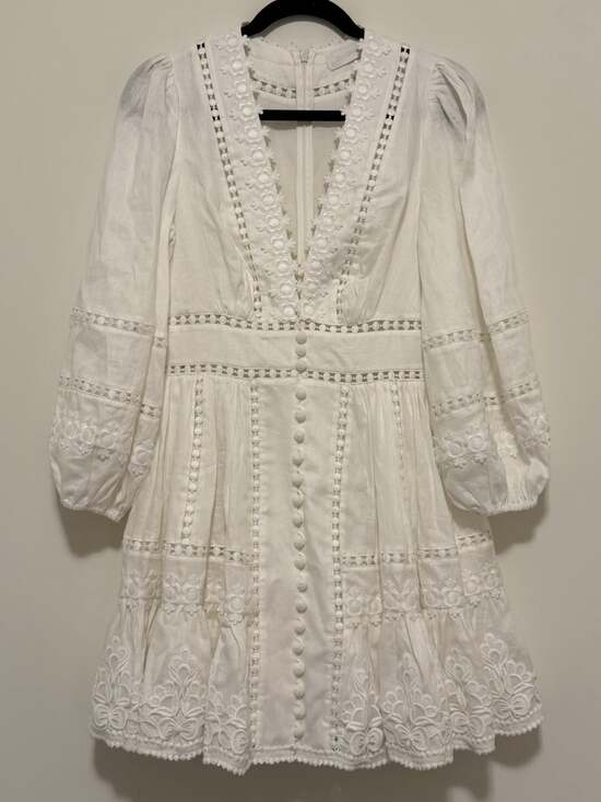 ZIMMERMANN Dresses & Skirts - Zimmermann Size 1 Ivory Pop Trimmed Mini Dress Linen Lace Embroidered Designer
